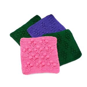4 Vintage Handknit Handmade Bobble Dishcloths Pink Purple Forest Green Cotton